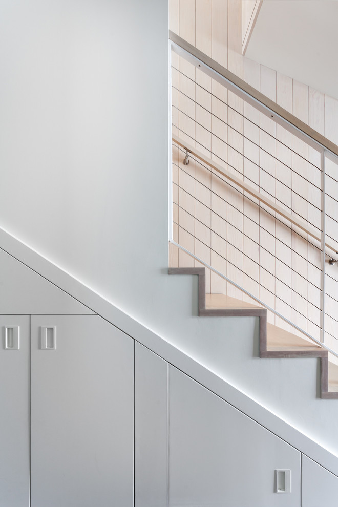 Пример оригинального дизайна: лестница в стиле модернизм с кладовкой или шкафом под ней