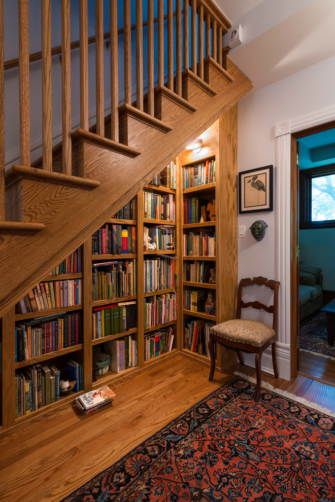 Inspiration for a timeless wooden staircase remodel in Chicago with wooden risers