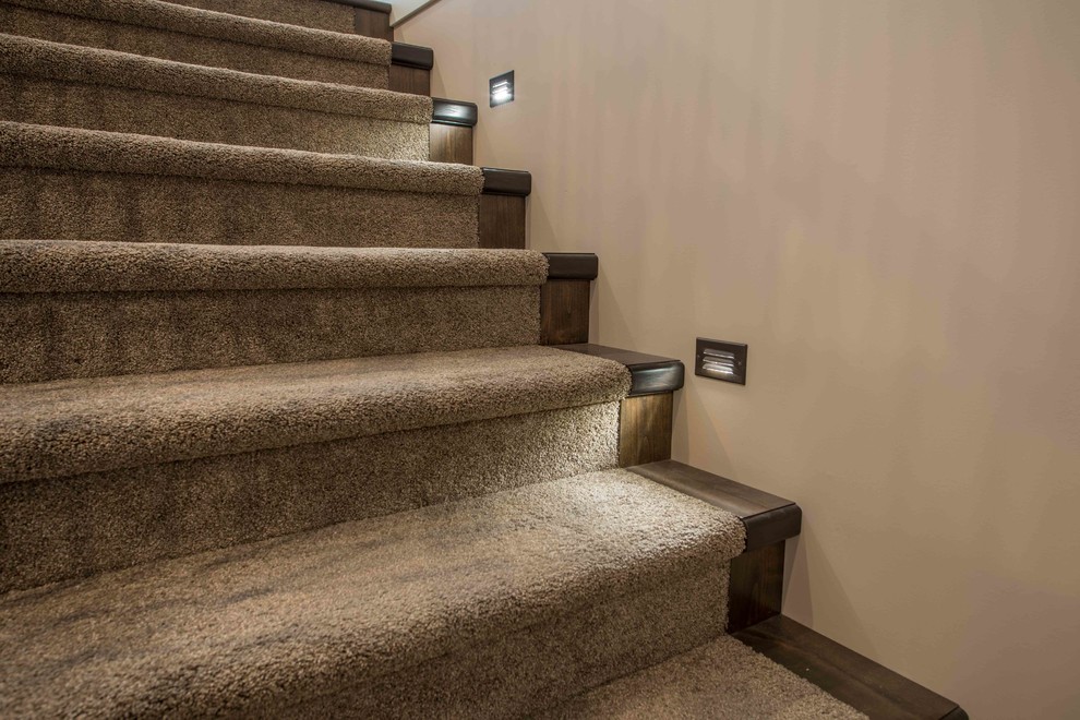 Cette image montre un escalier craftsman en U de taille moyenne avec des marches en moquette et des contremarches en moquette.