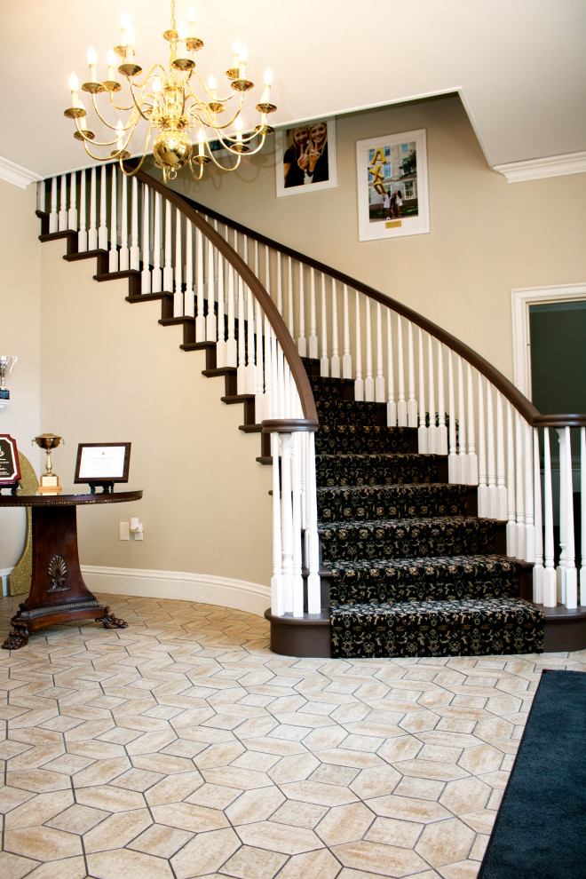 Staircase - large traditional carpeted curved metal railing staircase idea in Other with carpeted risers