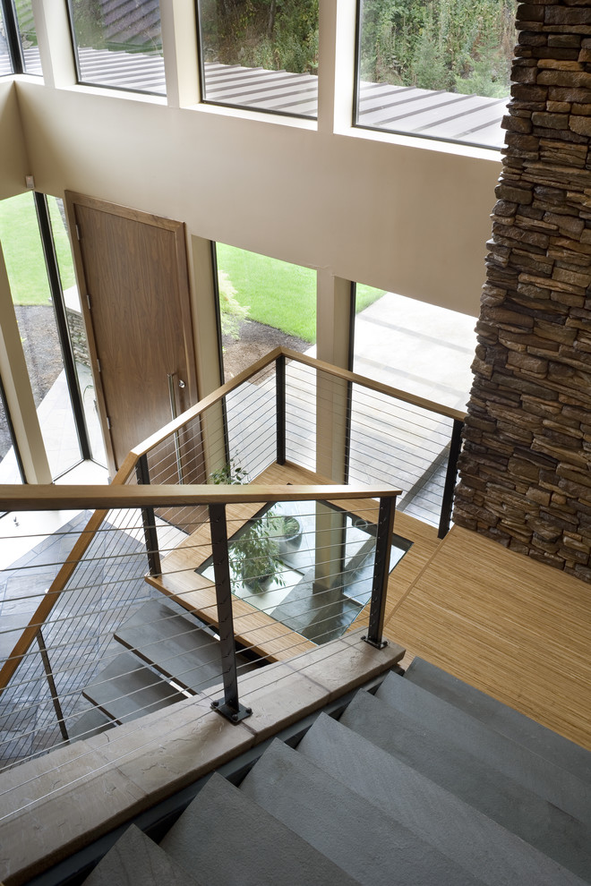 Идея дизайна: п-образная лестница в современном стиле с ступенями из сланца и перилами из тросов без подступенок