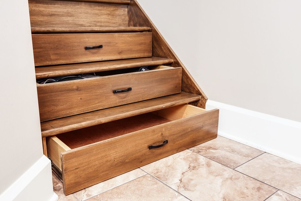 Inspiration for a mid-sized transitional wooden straight staircase remodel in Cleveland with wooden risers