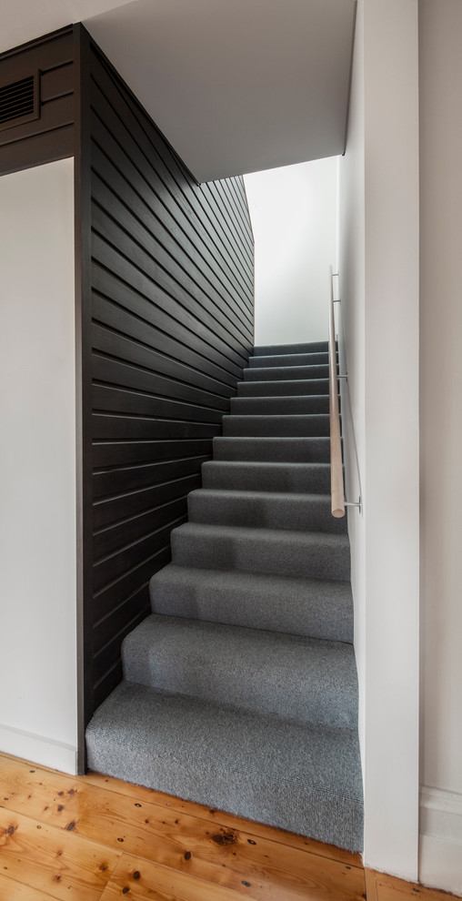 На фото: п-образная лестница среднего размера в современном стиле с ступенями с ковровым покрытием и ковровыми подступенками с