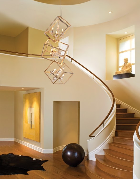Photo of a medium sized classic wood curved wood railing staircase in Denver with wood risers.
