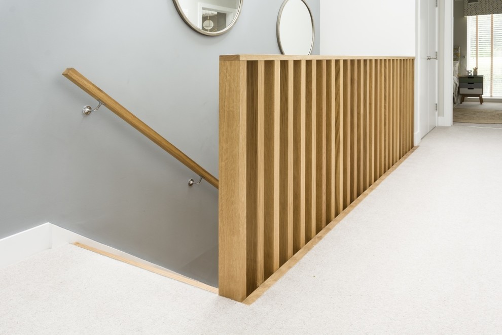 Cette photo montre un escalier droit tendance de taille moyenne avec des marches en bois, des contremarches en bois et un garde-corps en bois.