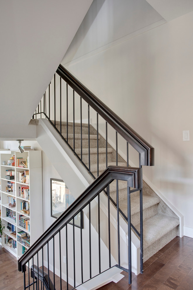Источник вдохновения для домашнего уюта: п-образная лестница среднего размера в классическом стиле с ступенями с ковровым покрытием, ковровыми подступенками и металлическими перилами