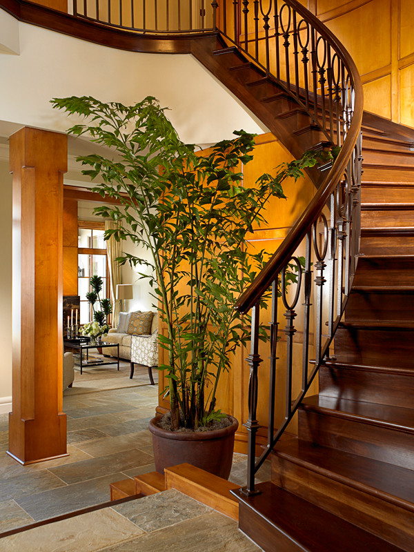 Ejemplo de escalera curva clásica renovada de tamaño medio con escalones de madera y contrahuellas de madera