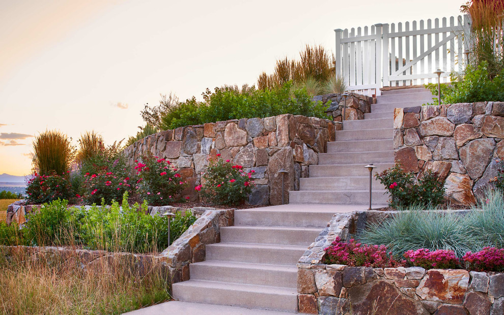 Example of a mid-sized classic concrete straight staircase design in Denver