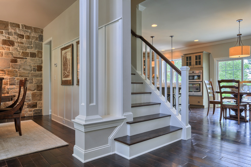 Staircase - mid-sized country wooden straight staircase idea in Philadelphia with wooden risers