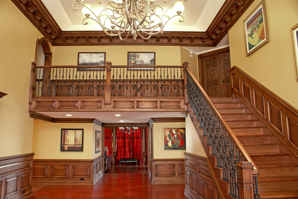 Inspiration for a classic wood straight staircase in Newark with wood risers.