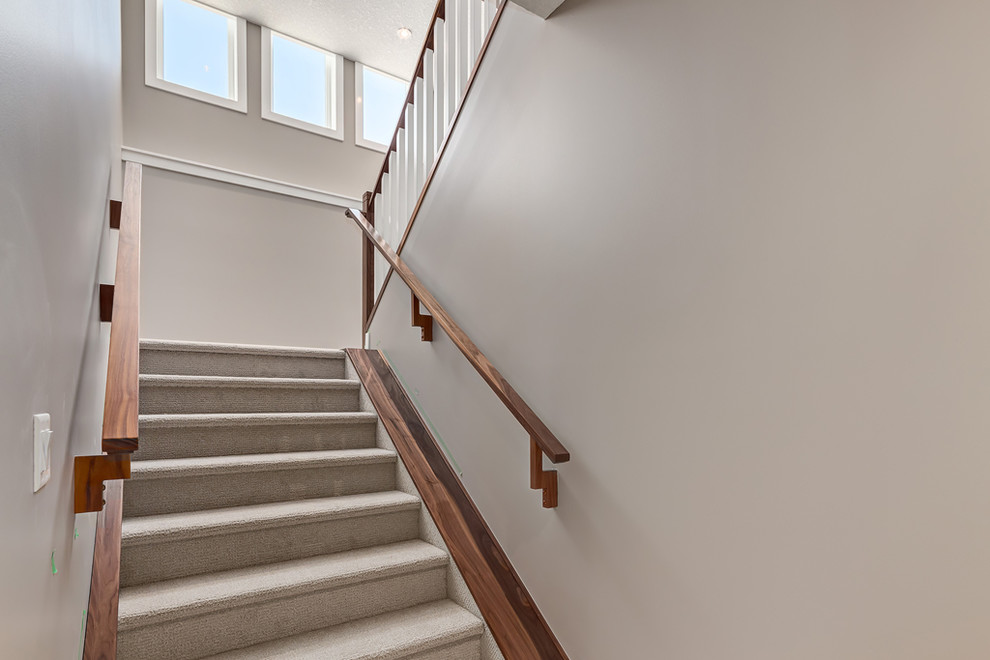 Стильный дизайн: п-образная лестница среднего размера в стиле неоклассика (современная классика) с ступенями с ковровым покрытием и ковровыми подступенками - последний тренд