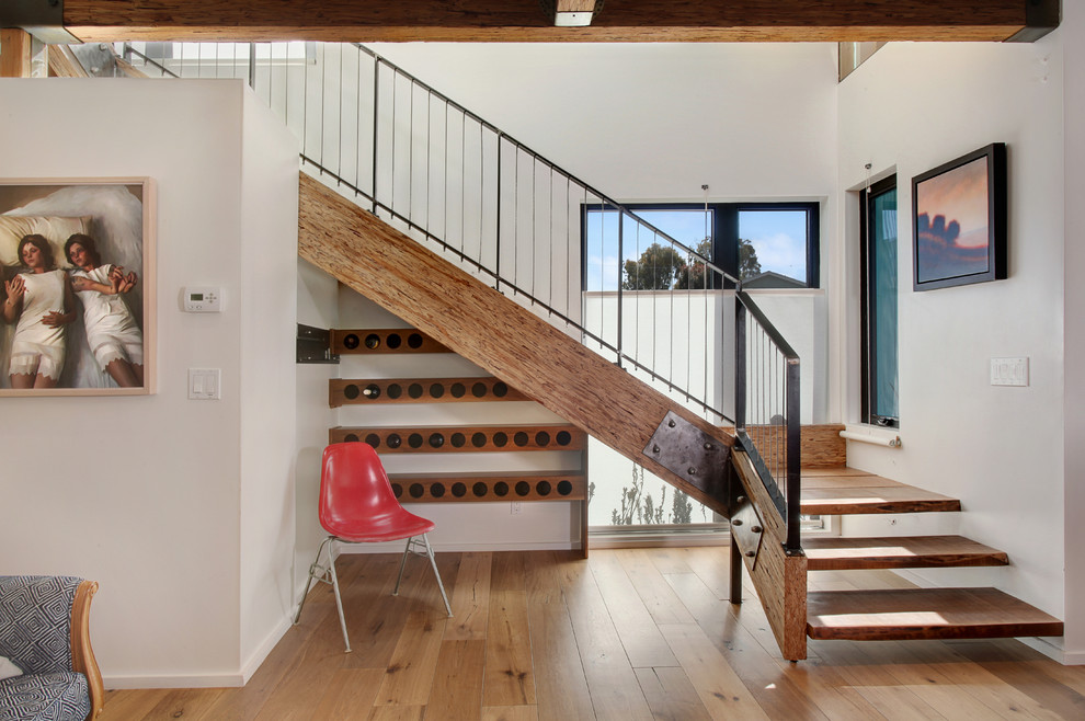 Идея дизайна: лестница в современном стиле с кладовкой или шкафом под ней