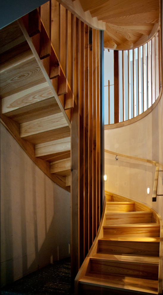 Свежая идея для дизайна: большая изогнутая деревянная лестница в современном стиле с деревянными ступенями и деревянными перилами - отличное фото интерьера