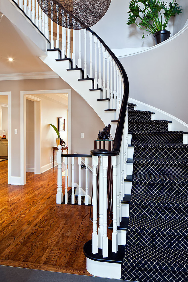 Идея дизайна: изогнутая лестница среднего размера в стиле неоклассика (современная классика) с деревянными ступенями и ковровыми подступенками