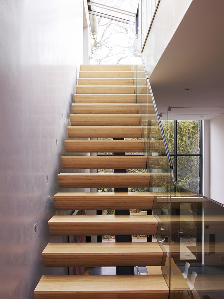 На фото: прямая лестница среднего размера в современном стиле с деревянными ступенями с