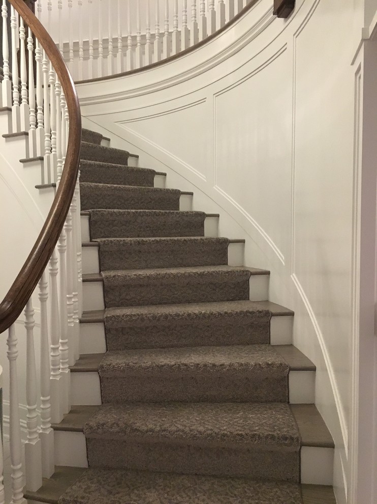 Photo of an expansive classic carpeted curved wood railing staircase in New York with carpeted risers.
