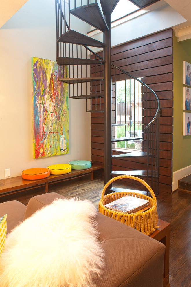 Example of a trendy spiral staircase design in Dallas