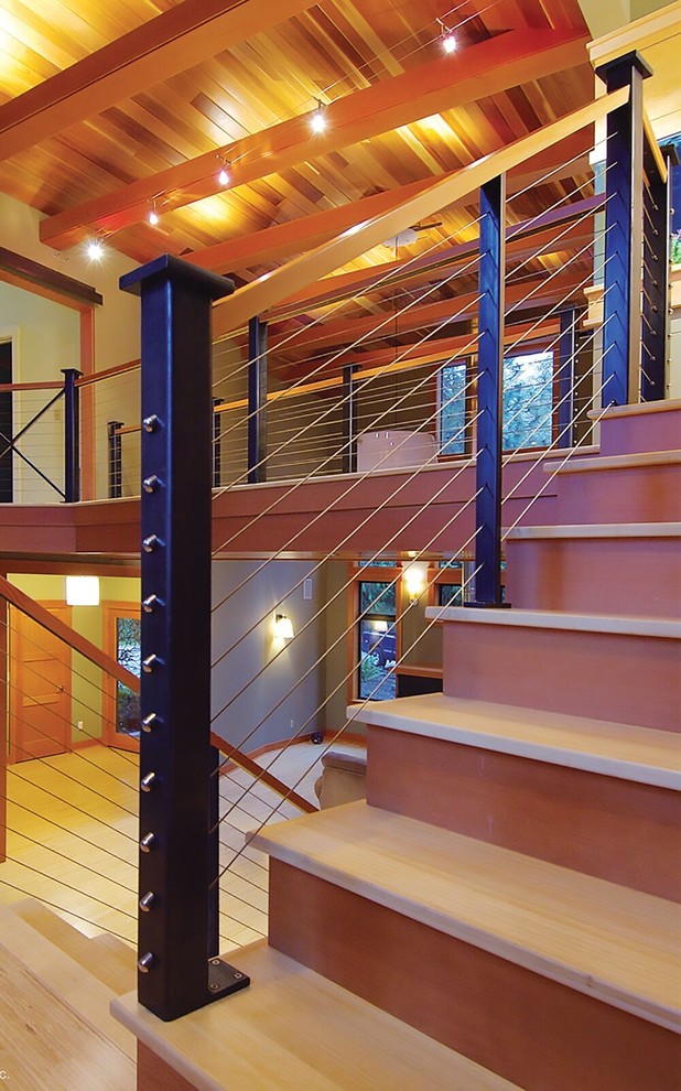 Inspiration for a mid-sized contemporary wooden straight cable railing staircase remodel in Dallas with wooden risers