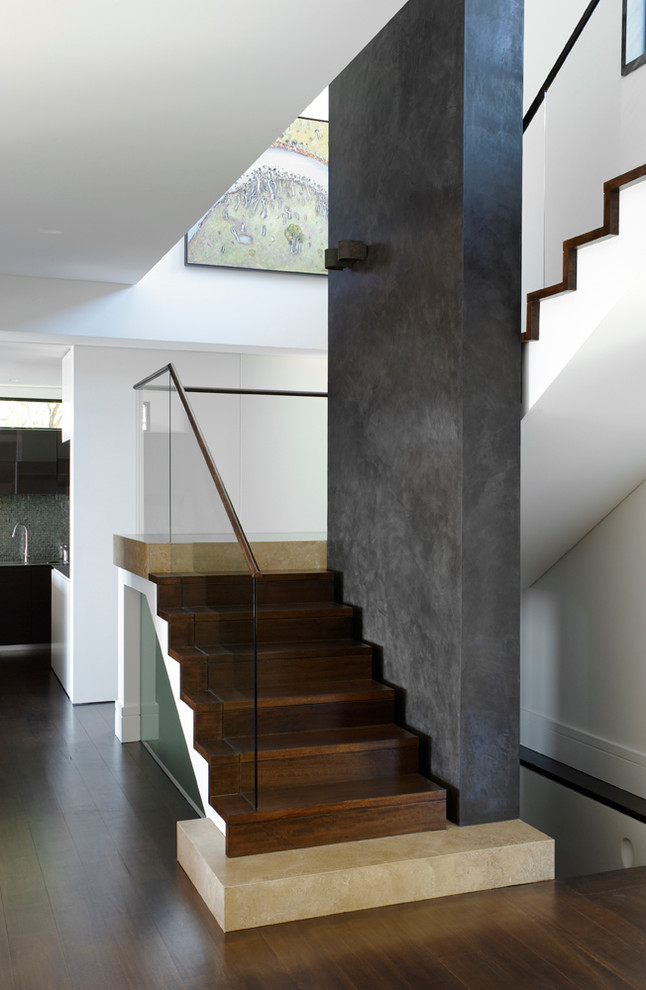 Design ideas for a medium sized contemporary wood l-shaped staircase in Sydney with wood risers and feature lighting.