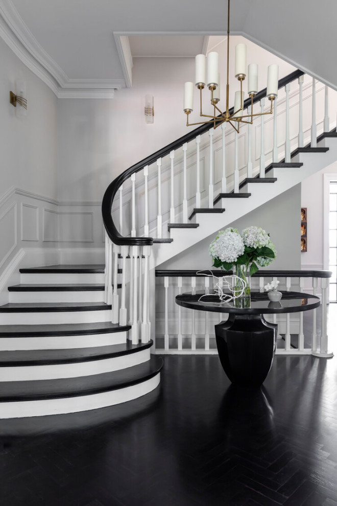 Inspiration for a transitional wooden l-shaped wood railing and wainscoting staircase remodel in Sydney with painted risers