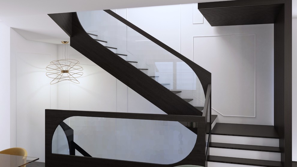 Aménagement d'un grand escalier peint droit moderne avec des marches en bois peint et un garde-corps en bois.