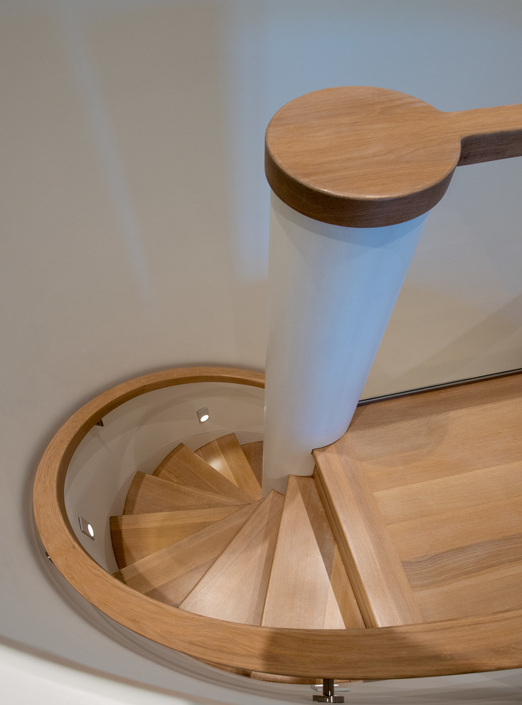 Идея дизайна: винтовая лестница среднего размера в современном стиле с деревянными ступенями