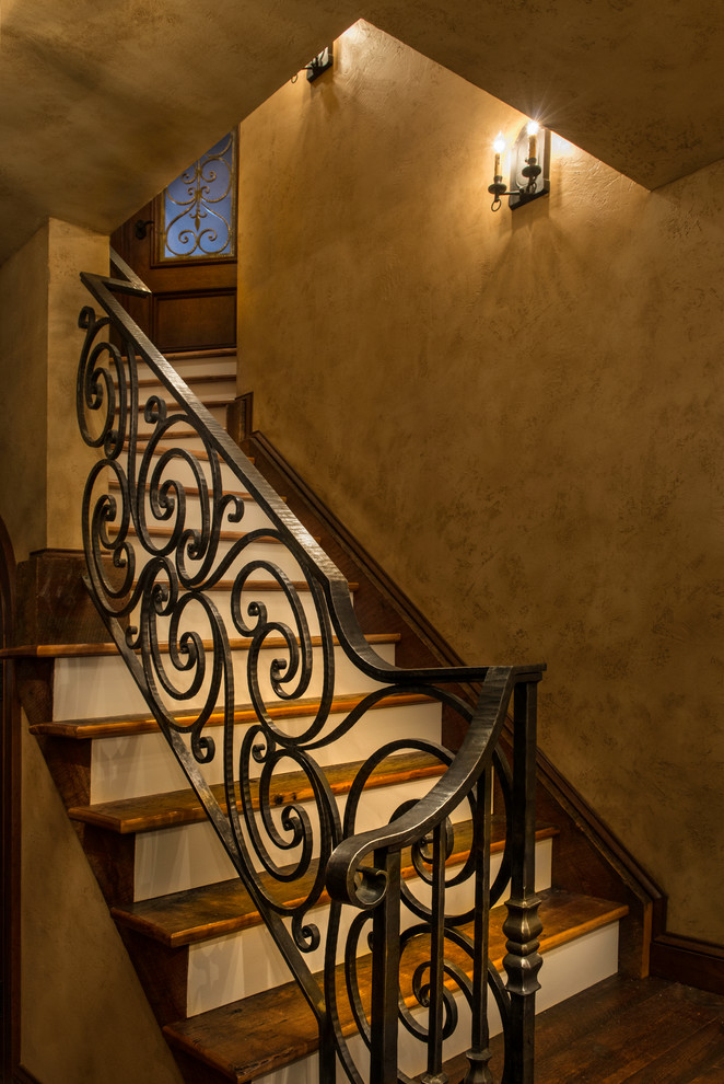 Staircase - large traditional wooden l-shaped metal railing staircase idea in DC Metro with painted risers