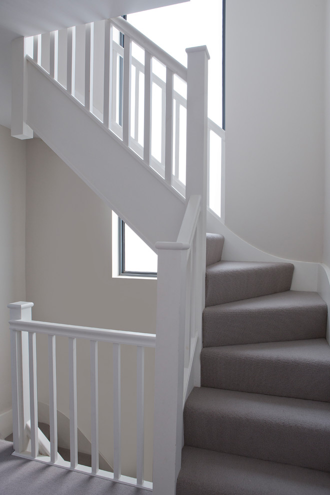 Inspiration pour un escalier courbe design de taille moyenne avec des marches en moquette et des contremarches en moquette.