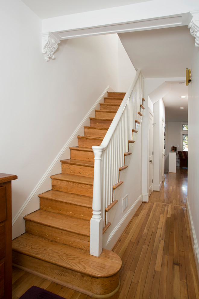 Mid-sized elegant wooden straight staircase photo in DC Metro with wooden risers