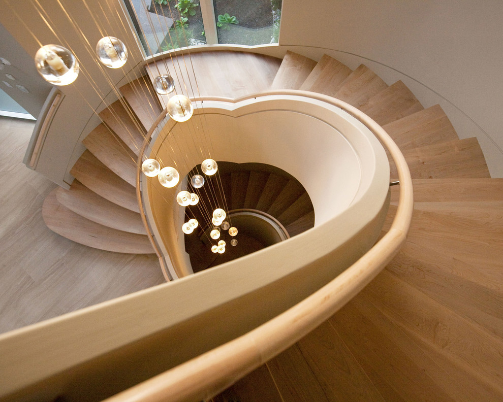 Diseño de escalera curva contemporánea con escalones de madera
