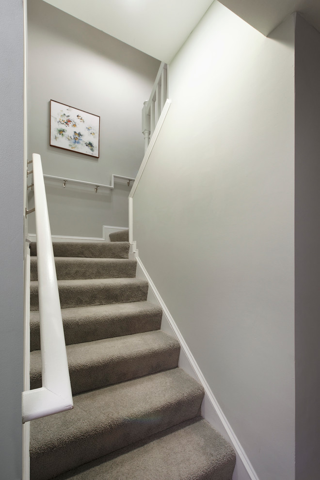Small elegant carpeted u-shaped wood railing staircase photo in DC Metro with carpeted risers