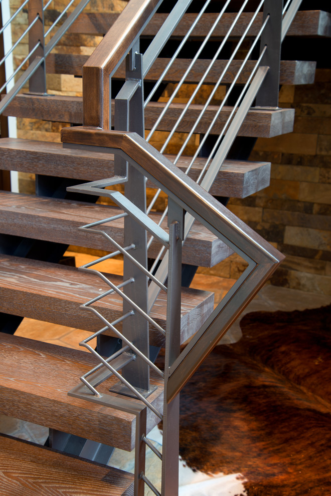 Mid-sized trendy wooden straight staircase photo in Denver with wooden risers
