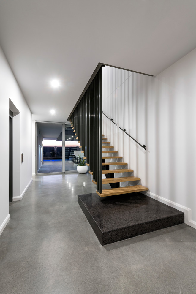 Schwebende, Große Moderne Holztreppe mit Beton-Setzstufen und Stahlgeländer in Perth