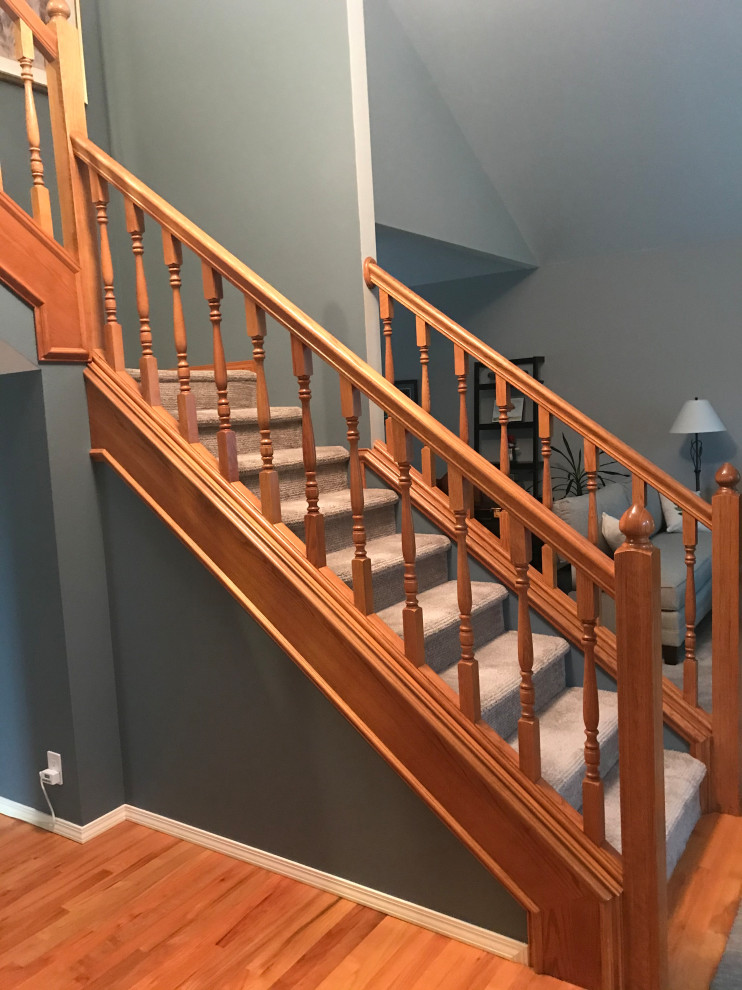 Пример оригинального дизайна: угловая лестница среднего размера в классическом стиле с ступенями с ковровым покрытием, ковровыми подступенками и перилами из смешанных материалов