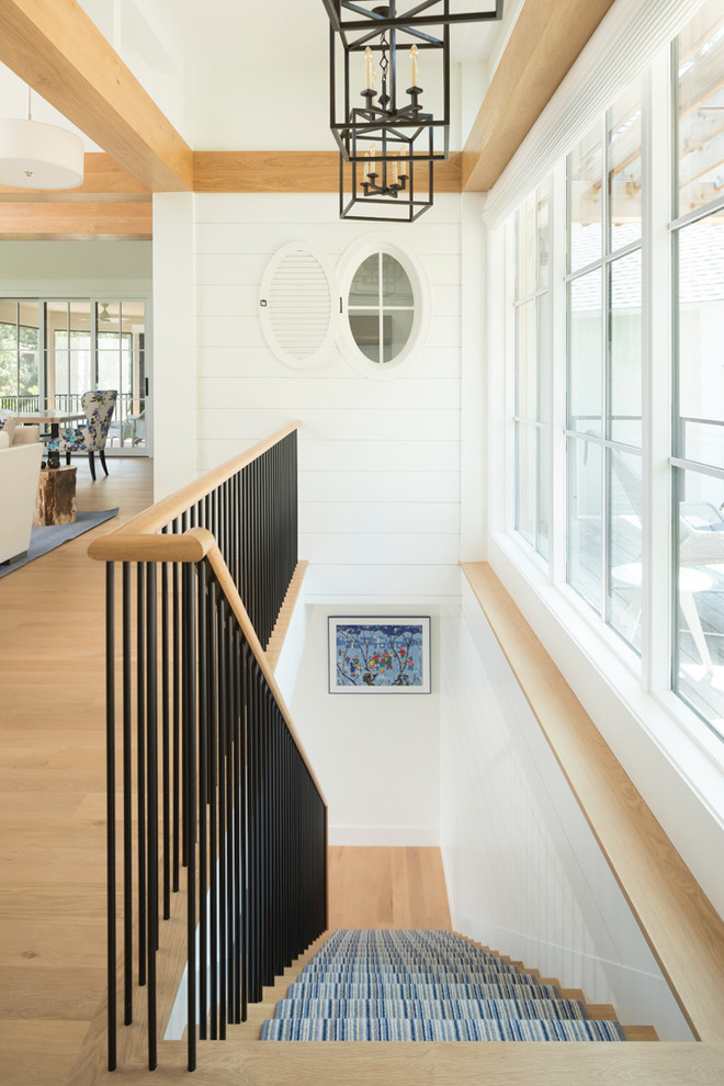 Свежая идея для дизайна: прямая лестница в морском стиле с ступенями с ковровым покрытием и перилами из смешанных материалов - отличное фото интерьера