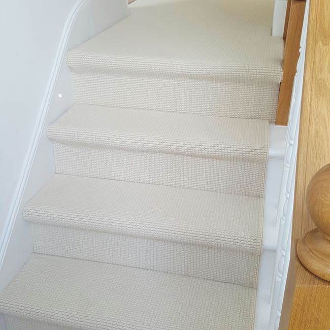 White Stair Carpet With Silver Stair Rods Contemporary Staircase