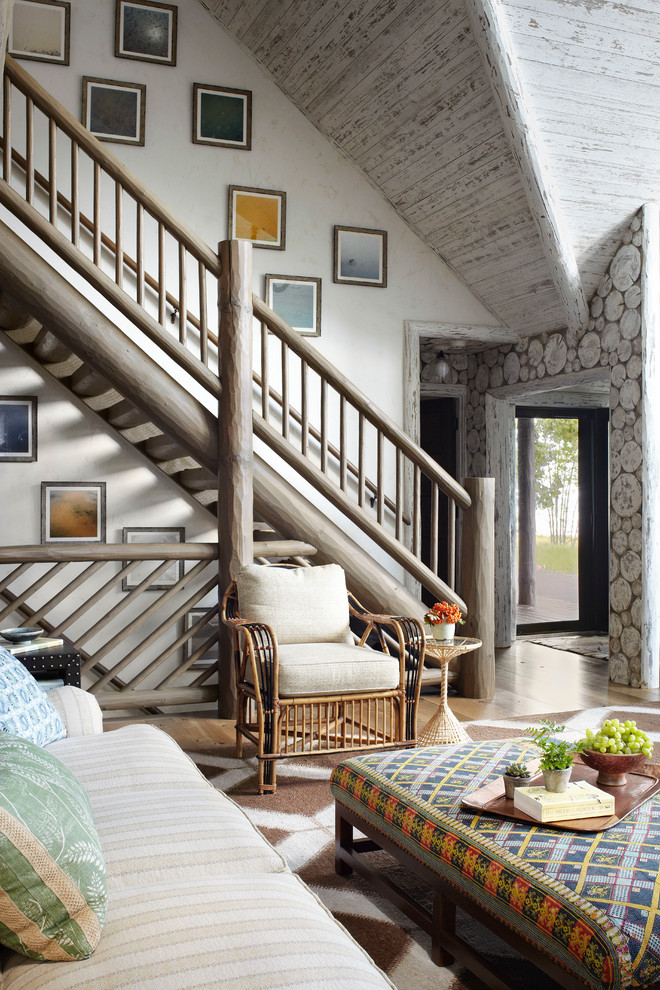 Mountain style straight open and wood railing staircase photo in Milwaukee