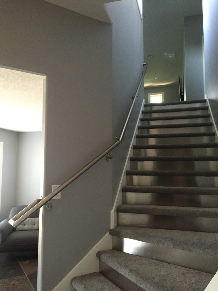 Inspiration för mellanstora moderna svängda trappor, med heltäckningsmatta, sättsteg i metall och räcke i metall