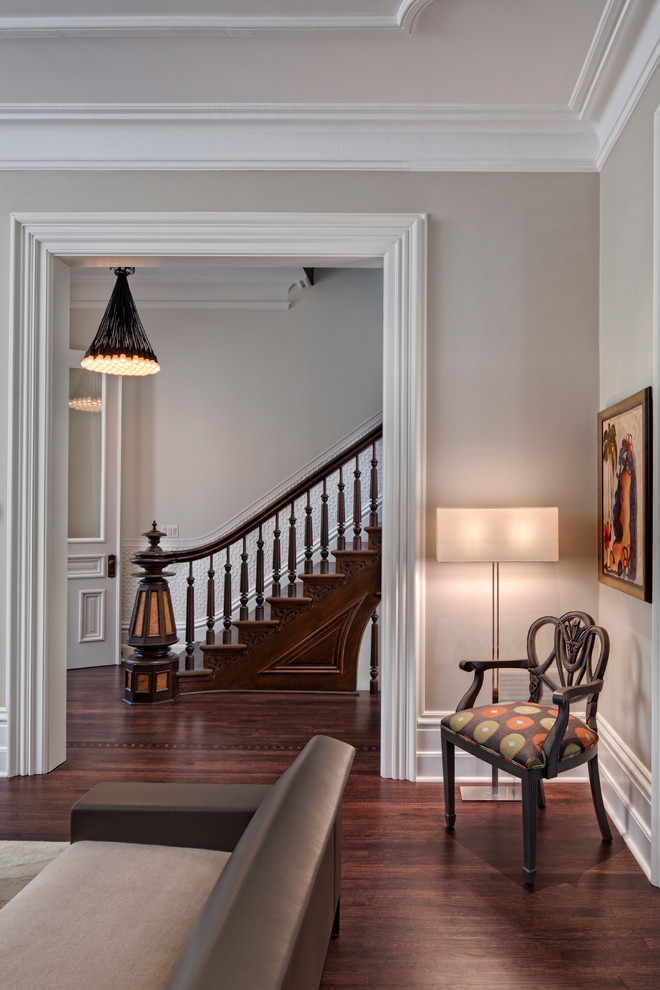 This is an example of a classic staircase in Chicago with feature lighting.