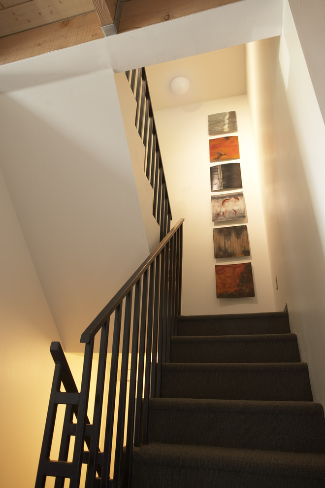 Свежая идея для дизайна: маленькая п-образная лестница в стиле лофт с ступенями с ковровым покрытием и ковровыми подступенками для на участке и в саду - отличное фото интерьера