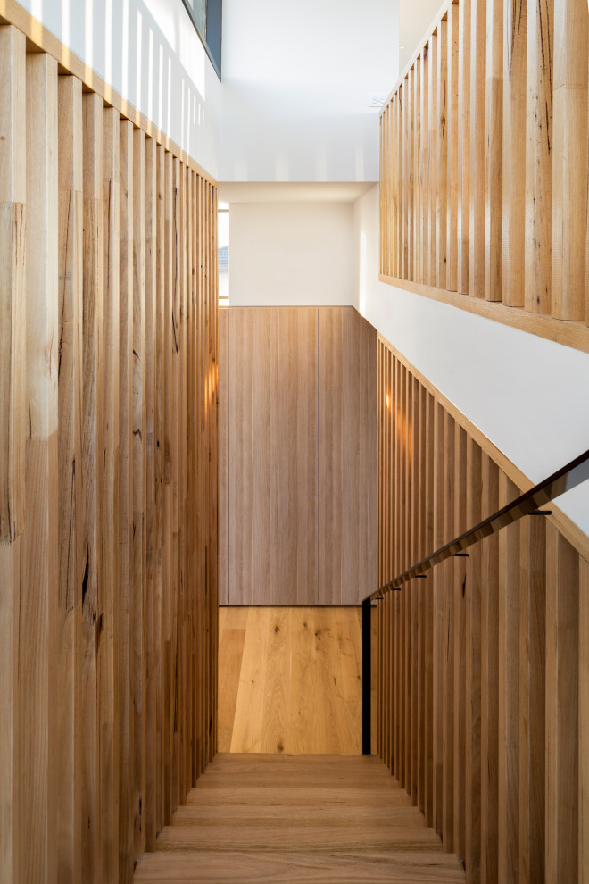 Schwebende, Mittelgroße Moderne Holztreppe mit offenen Setzstufen, Stahlgeländer und Holzwänden in Melbourne