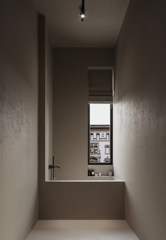 Inspiration för ett litet funkis beige beige en-suite badrum, med ett badkar i en alkov, en dusch i en alkov, en vägghängd toalettstol, spegel istället för kakel, beige väggar, betonggolv, ett väggmonterat handfat, bänkskiva i betong, beiget golv och med dusch som är öppen