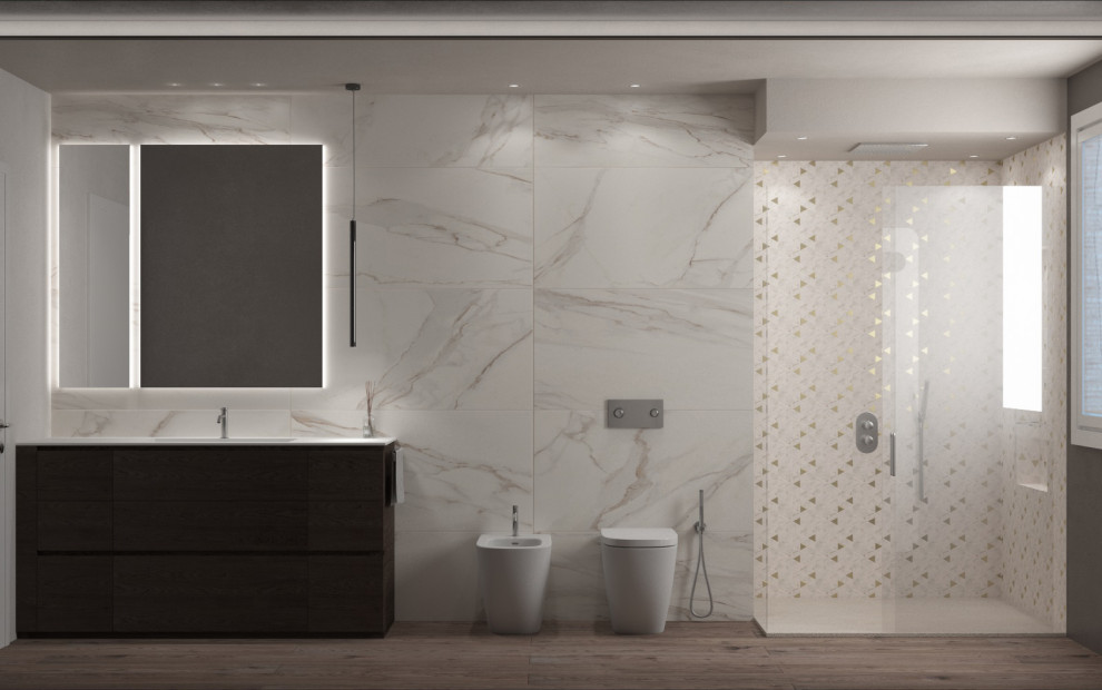 Idée de décoration pour une salle d'eau minimaliste en bois brun de taille moyenne avec un placard à porte plane, une douche d'angle, WC séparés, un carrelage blanc, des carreaux de porcelaine, un mur beige, un sol en carrelage de porcelaine, un lavabo intégré, un plan de toilette en surface solide, un sol beige, une cabine de douche à porte battante, un plan de toilette blanc, meuble simple vasque, meuble-lavabo sur pied et un plafond décaissé.
