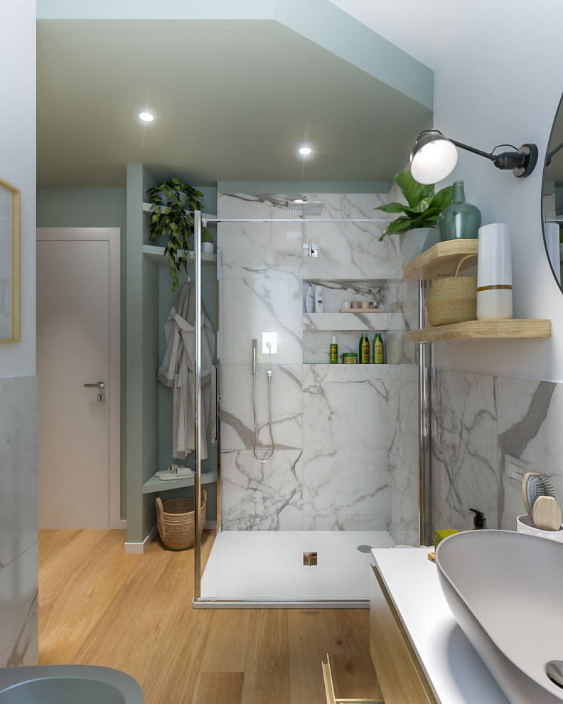Photo of a medium sized scandinavian ensuite bathroom in Milan with flat-panel cabinets, light wood cabinets, a corner shower, a two-piece toilet, black and white tiles, porcelain tiles, multi-coloured walls, light hardwood flooring, a vessel sink, laminate worktops, a hinged door, white worktops, a wall niche, a single sink, a floating vanity unit and a drop ceiling.