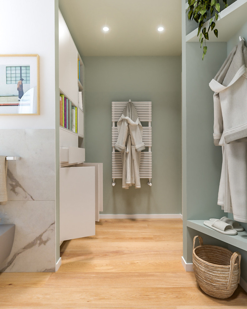 Exemple d'une salle de bain scandinave en bois clair de taille moyenne avec un placard à porte plane, une douche d'angle, WC séparés, un carrelage noir et blanc, des carreaux de porcelaine, un mur multicolore, parquet clair, une vasque, un plan de toilette en stratifié, une cabine de douche à porte battante, un plan de toilette blanc, une niche, meuble simple vasque, meuble-lavabo suspendu et un plafond décaissé.