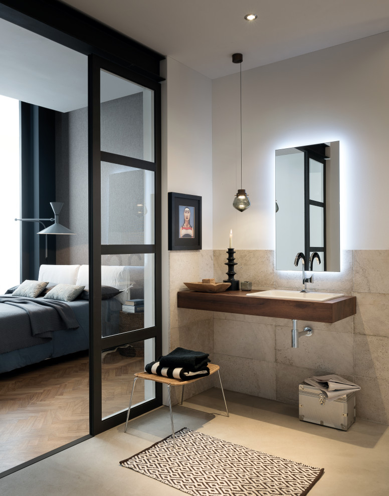 Exempel på ett mellanstort modernt brun brunt badrum med dusch, med grå kakel, porslinskakel, vita väggar, klinkergolv i porslin, ett nedsänkt handfat och grått golv
