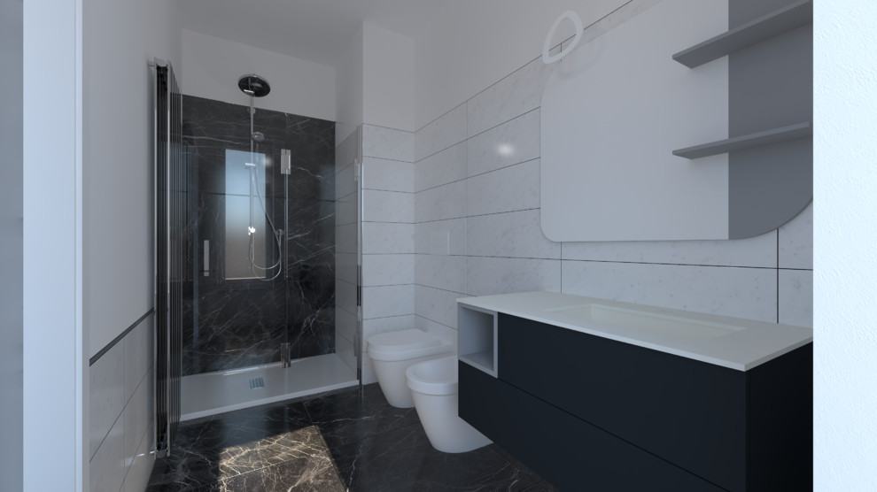 Design ideas for a small contemporary shower room bathroom in Other with beaded cabinets, grey cabinets, a built-in shower, a two-piece toilet, white tiles, ceramic tiles, white walls, porcelain flooring, an integrated sink, solid surface worktops, black floors, a hinged door and white worktops.