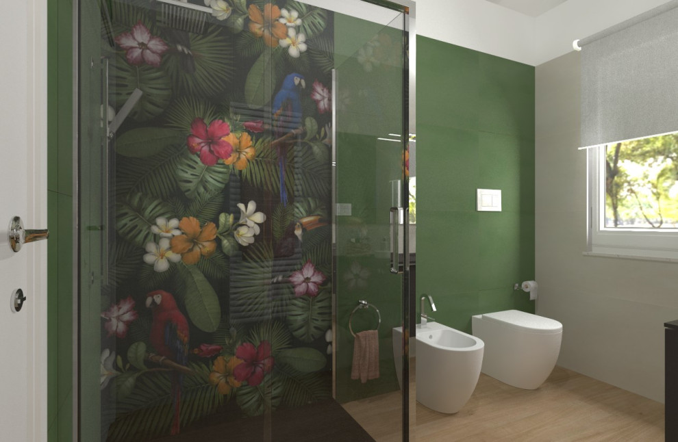 Источник вдохновения для домашнего уюта: ванная комната среднего размера в стиле модернизм с полом из керамогранита, душевой кабиной, серым полом и подвесной тумбой
