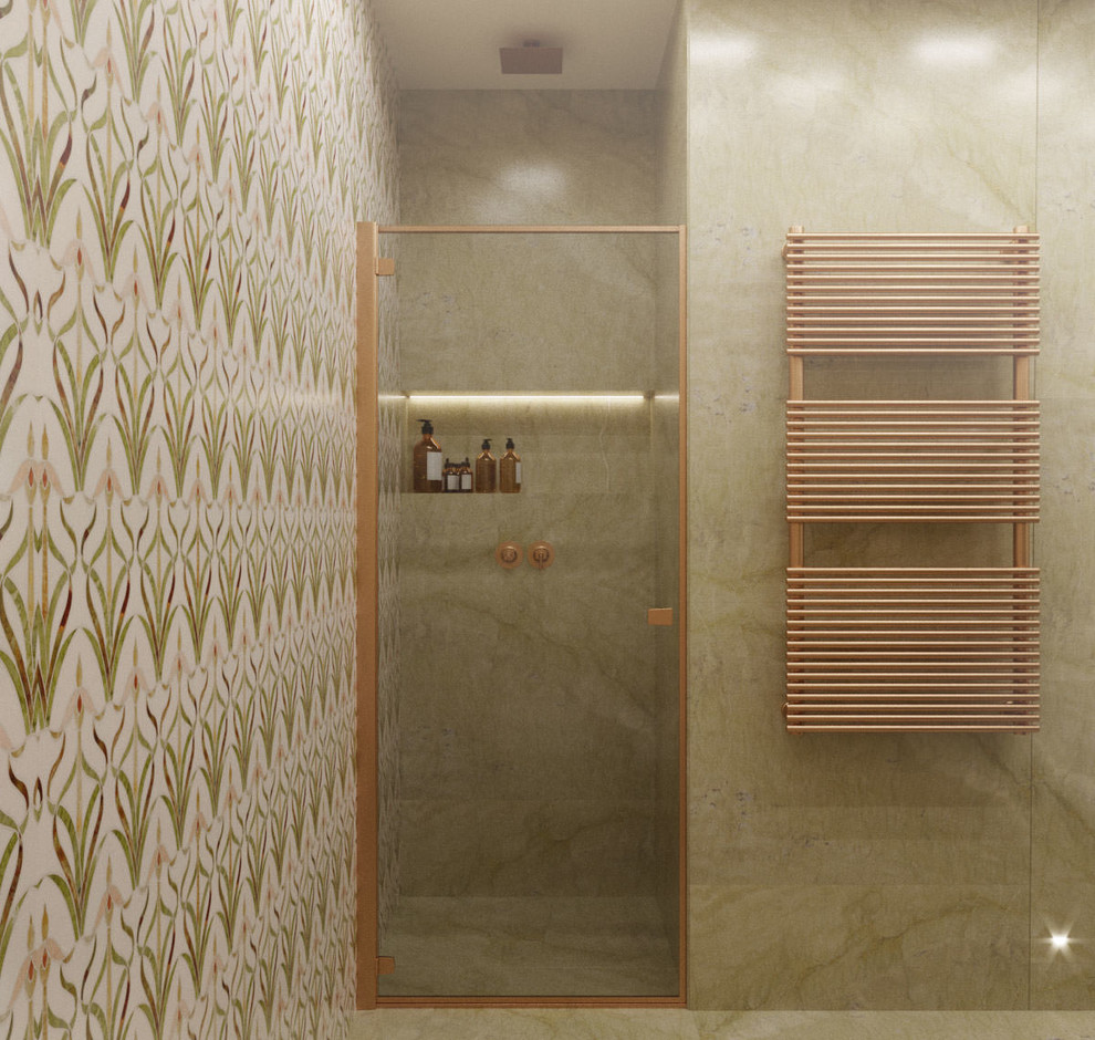 Пример оригинального дизайна: ванная комната среднего размера в современном стиле с фасадами цвета дерева среднего тона, душем без бортиков, инсталляцией, разноцветной плиткой, мраморной плиткой, разноцветными стенами, мраморным полом, душевой кабиной, монолитной раковиной, мраморной столешницей, зеленым полом и душем с распашными дверями