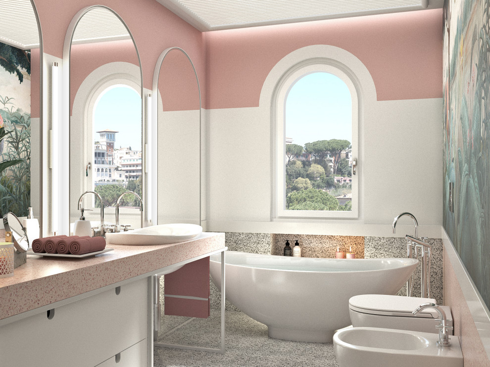 Идея дизайна: маленькая главная ванная комната в стиле фьюжн с плоскими фасадами, белыми фасадами, отдельно стоящей ванной, унитазом-моноблоком, черно-белой плиткой, мраморной плиткой, розовыми стенами, мраморным полом, накладной раковиной, столешницей терраццо, белым полом, розовой столешницей, нишей, тумбой под одну раковину, напольной тумбой, многоуровневым потолком и обоями на стенах для на участке и в саду
